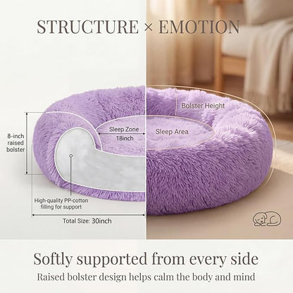 Calming Dog Bed for Medium Dogs Washable Donut 30 inches Anti-Slip Pet Bed,Round Fluffy Plush Faux Fur Cat Bed,Fits up to 45 lbs Pets,Purple