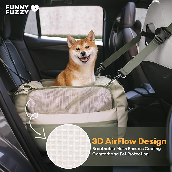 FUNNY FUZZY Waterproof Dog Car Seat for Small & Medium Dogs Up to 35lbs, Detachable & Washable Pet Booster Seat with Leash, Thick Cushion, Storage Pockets & Adjustable Straps (Green)