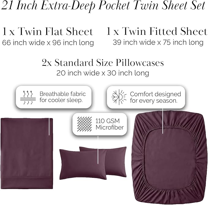Southshore Fine Living, Inc. 4-Piece Deep Pocket Twin Sheet Set, 21-Inch Twin Deep Pocket Fitted Sheet, Microfiber Sheets, Pillow Cases Standard Size Set of 2, Purple Bedding Sets, Purple Sheets