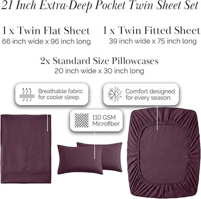 Southshore Fine Living, Inc. 4-Piece Deep Pocket Twin Sheet Set, 21-Inch Twin Deep Pocket Fitted Sheet, Microfiber Sheets, Pillow Cases Standard Size Set of 2, Purple Bedding Sets, Purple Sheets