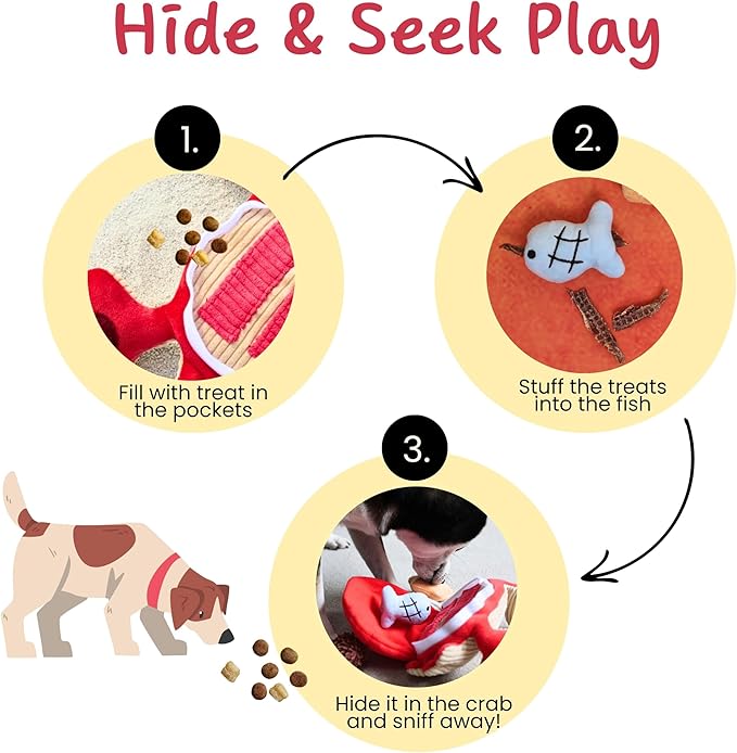 Hide and Seek Plush Dog Toys, Crab Interactive Toy for Small Dogs, Red Puppy Puzzle Squeaky Toys with Crinkle Papers, Durable Snuffle Dog Toys for Medium Pet