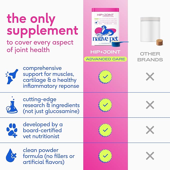 Native Pet Hip & Joint Advanced Care Dog Joint Supplement Powder for Mobility & Movement Support, Joint Supplement for Dogs with HMB, UC-II Collagen, Green Lipped Mussel & Hyaluronic Acid – 60 Scoops