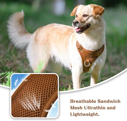 No Pull Dog Harness for Small Medium Large Dogs - Adjustable 2 Layer Mesh Dog Vest with Dual Clip, Escape Proof, Quick Release, Lightweight Breathable Mesh for Walking Hiking (Carmel Brown,XL)