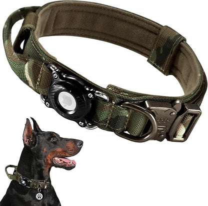 Never Lose Your Dog! AirTag Dog Collar with Waterproof Case | Tactical Collar for Large Dogs Featuring Military Handle & Durable Strap | Secure GPS Tracking for Apple AirTag (Camo, M)