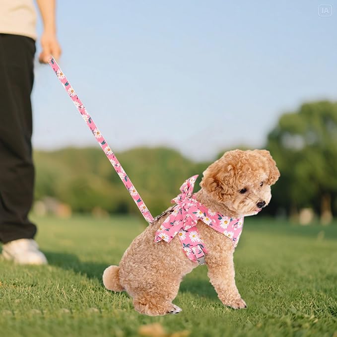 Dog Harness and Leash Set Adjustable Puppy Harness Mesh Vest Set Bow Knot Pet Clothes for Small Girl Dog Cat Summer (Pink, Medium)