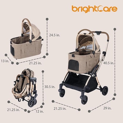 Auto-Folding Pet Stroller with Detachable Carrier, One-Hand Fold Frame & Carrier, Supports up to 33 lbs, Beige
