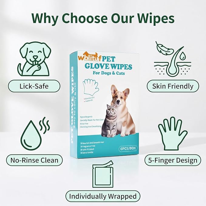 Pet Cleaning Glove Wipes 6 Count | Individually Wrapped Disposable Grooming Glove Wipes with Aloe & Jojoba Oil, Waterless No-Rinse Odor Control, Lick-Safe Five-Finger Design for Dogs&Cats