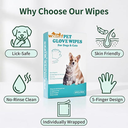Pet Cleaning Glove Wipes 6 Count | Individually Wrapped Disposable Grooming Glove Wipes with Aloe & Jojoba Oil, Waterless No-Rinse Odor Control, Lick-Safe Five-Finger Design for Dogs&Cats