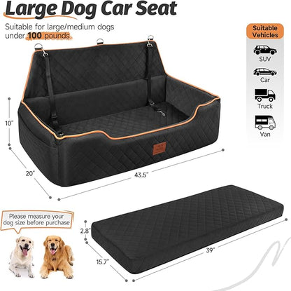 XIEEAOZEE Large Dog Car Seat for Dods Under 100 Lbs, Memory Foam Dog Car Bed for Backseat & Trunk, Detachable and Washable Cover, Pet Travel Seat with Storage Pockets, 2 Safety Belts