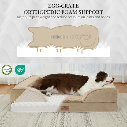 Comfort Expression Waterproof Orthopedic Foam Dog Beds for Extra Large Dogs Sofa Pet Bed Washable Removable Cover with Zipper and Bolster 53" L x 42" W x 8.5" Th, Light Brown