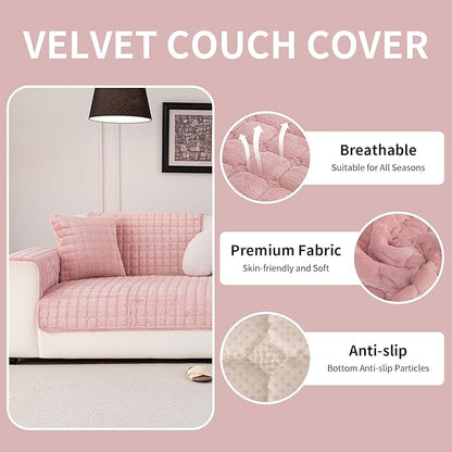 Velvet Couch Cover, Washable Sectional Sofa Cover, Anti Slip Sofa Slipcover for 3 Cushion Couch Sofa L Shaped Armrest Backrest, Furniture Protector Covers for Pets Kids(1PC,Pink,36"×71")