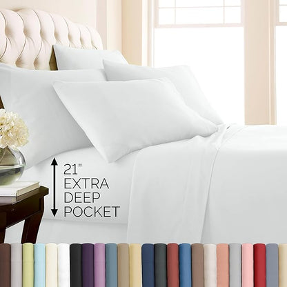 Southshore Fine Living, Inc. 21-Inch Extra Deep Pocket Queen Sheets, 6 Piece White Queen Sheet Set with 4 Pillow Cases, Hotel Quality Microfiber Pet Hair Resistant Bedding, Bright White Sheets
