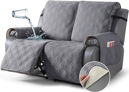 TAOCOCO 100% Waterproof Loveseat Recliner Cover, Non Slip Split Loveseat Covers for Reclining Loveseat with Elastic Straps, Washable Recliner Chair/Furniture Protector for Kids Pets(2 Seater, Gray)
