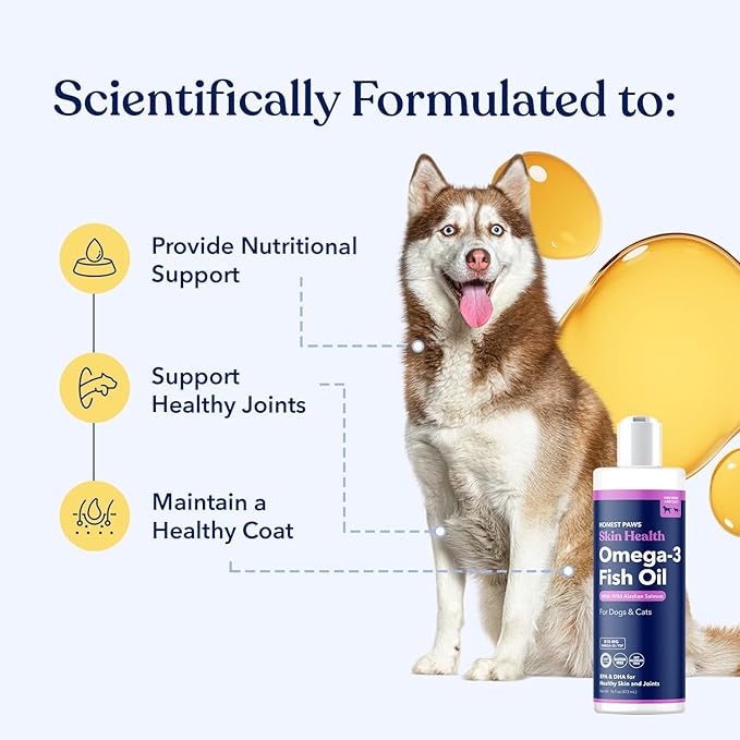 Honest Paws Salmon Oil for Dogs & Cats – Omega 3 Fish Oil Supplement for Skin, Coat, Joint & Heart Health – Natural, Sustainably Sourced Wild Alaskan Salmon, 16 oz (Pack of 2)