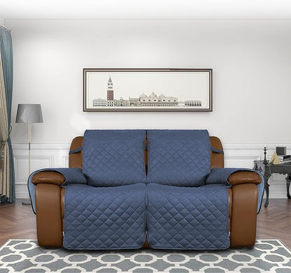 Easy-Going Loveseat Recliner Cover, Reversible Couch Cover for Double Recliner, Split Sofa Cover for Each Seat, Furniture Protector with Elastic Straps for Kids, Dogs(2 Seater, Dark Blue/Light Blue)