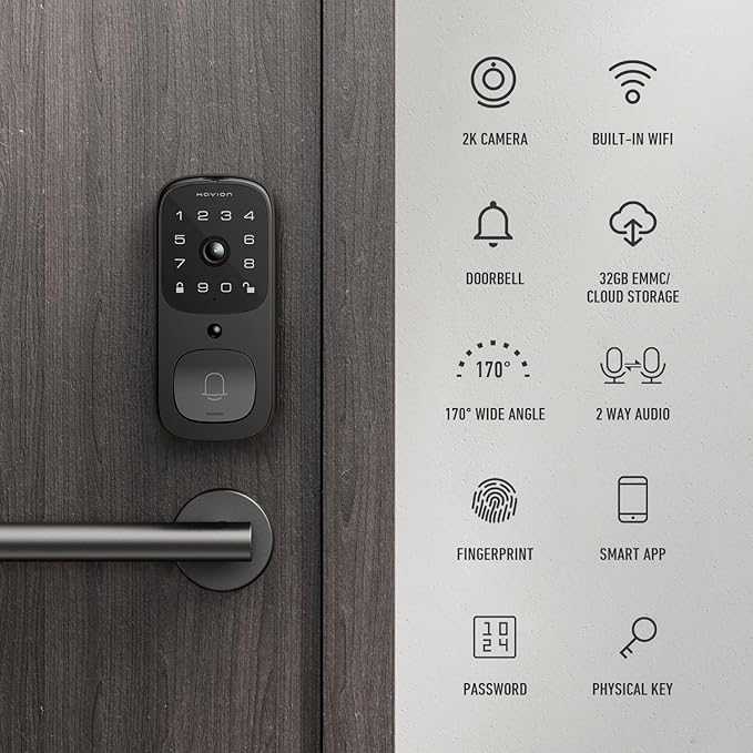 HAVION Deadbolt Smart Lock w/Camera - Incl. Chime, 3-in-1 Wi-Fi Deadbolt+Camera+Video Doorbell Keyless Fingerprint Lock for Entry Front Door, 32GB eMMC, 10000mAh, 2K QHD & 170° View