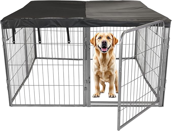 Dog Playpen w/Square Top Shade Cover - 32 inch, 8 Panel Portable Grey Metal Pet Play Pen for Small & Medium Dogs - Indoor/Outdoor Kennel Cage for Home, Yard, RV, or Camping