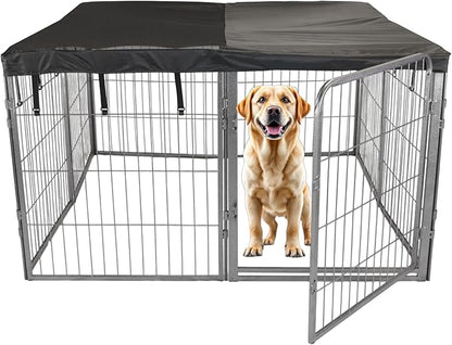 Dog Playpen w/Square Top Shade Cover - 32 inch, 8 Panel Portable Grey Metal Pet Play Pen for Small & Medium Dogs - Indoor/Outdoor Kennel Cage for Home, Yard, RV, or Camping