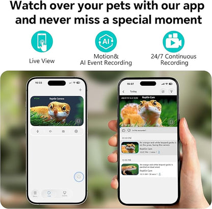 3MP 2K AI Reptile & Aquarium Camera with Angle Magnetic Mount, Close-Focus Lens for Fish Tank Terrarium Lizard Snake Pet, 2.4G&5GHz WiFi, 24/7 Recording, Anti-Glare & No Reflection