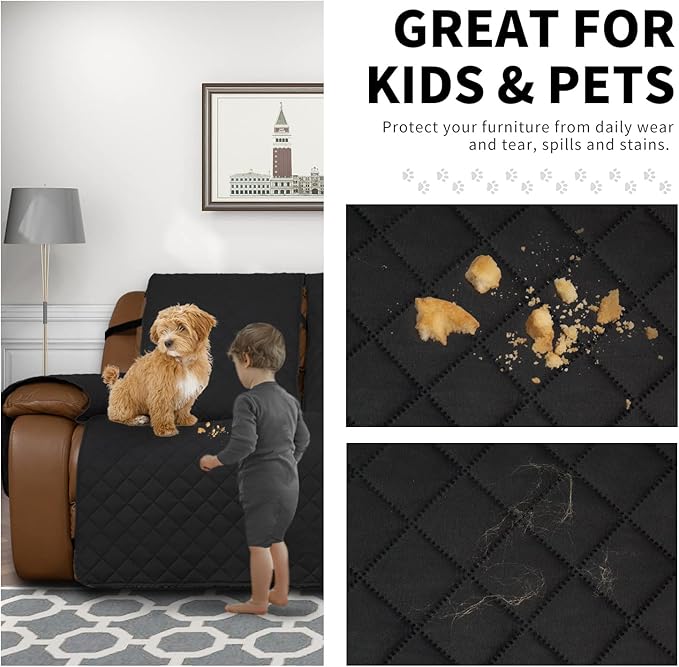 Easy-Going Oversized Recliner Sofa Cover, Reversible Couch Cover for 3 Seat Recliner, Split Sofa Cover for Each Seat with Elastic Straps for Kids, Dogs, Pets (3 Seater, Black/Black)