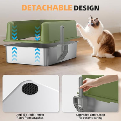 WoofiGo Enclosed Stainless Steel Cat Litter Box with Lid, XL Extra Large Litter Box for Big Cats, Metal Litter Pan High Sided, Never Absorbs Odors, Anti-Urine Leakage, Include Scoop (65-Green)