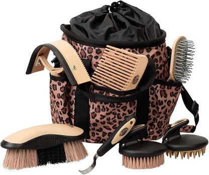 Weaver Equine Horse Grooming Kit, 7-Piece Horse Brush Set with Organizer Tote Bag, Hoof Pick, Comb, Sweat Scraper, Equine Tools for Daily Grooming, Leopard