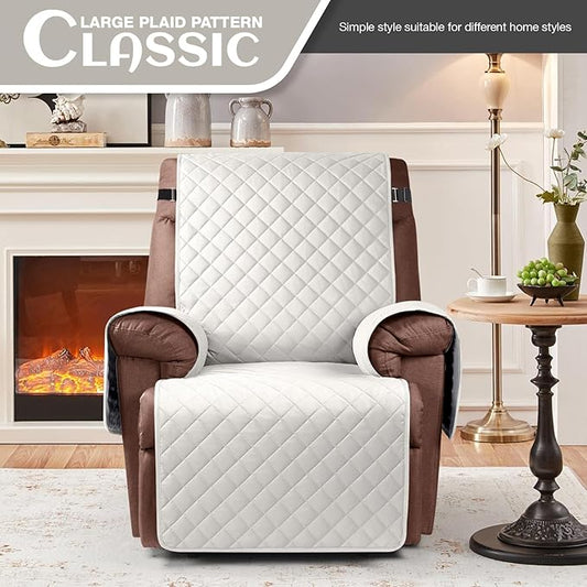 KinCam 100% Waterproof Recliner Chair Cover, Reclining Couch Covers for Pets, Dogs, Recliner Couch Slipcover Furniture Protector with Elastic Straps for Kids(30", Beige White)