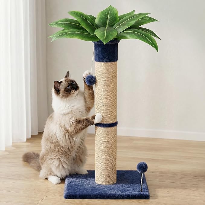 XiaZ Cat Scratching Post 34 Inches Tall, Cat Tower Scratcher Extra Wide 15.8" Stable Base with 2 Interactive Balls, Premium Natural Sisal & Plush Fabric for Small, Medium Large Cats (Navy Blue, 4.5in)