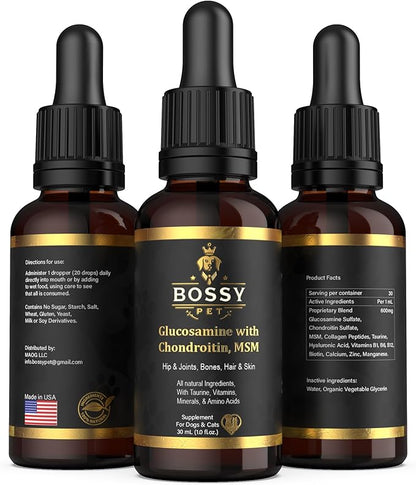 Liquid Glucosamine for Dogs & Cats - Advance Joint Support Supplement - Supplement with Chondroitin, MSM, Hyaluronic Acid, Biotin, Collagen Peptides & Taurine - Max Potency