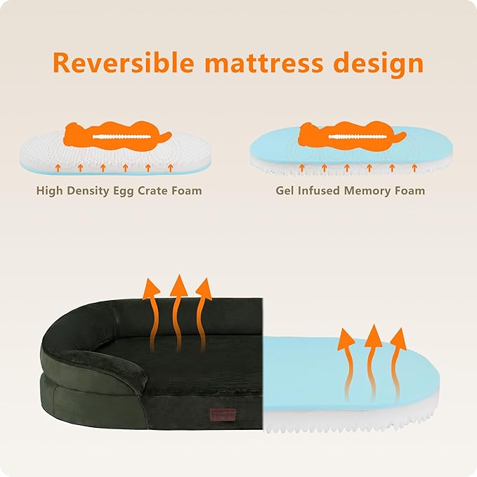 Dwanton Orthopedic Dog Bed for Extra Large Dogs with Gel Memory Foam, Waterproof Dog Sofa, Washable Pet Bed with Four Sided Bolster Cushion, Removable Cover & Non-Slip Bottom, 45", Green