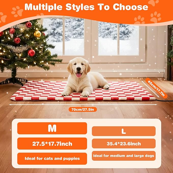 Dog and Cat Heating Pad, 12 Adjustable Temperature & Timer with Chew Resistant Cord, Indoor Pet Heated Bed Mat for Cats and Dogs (Red, 27.5x17.7in)