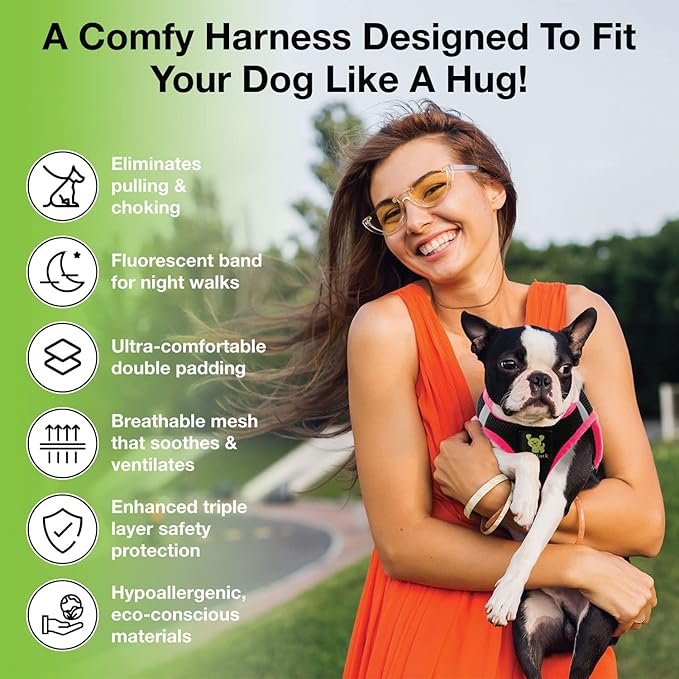 EcoBark Step in Dog Harness - Eco-Friendly Dog Harnesses for for Small & Medium Breed Dogs - Reflective and Adjustable Chest Body Halter Vest -Soft Luxurious Mesh (Black and Pink, XL)