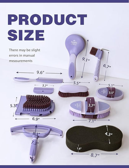 11-Piece Professional Horse Grooming Kit with Waterproof Tote Bag, Non-Slip Silicone Grip Brush Set, Curry Comb, Hoof Pick & Mane Comb Sugar Taro