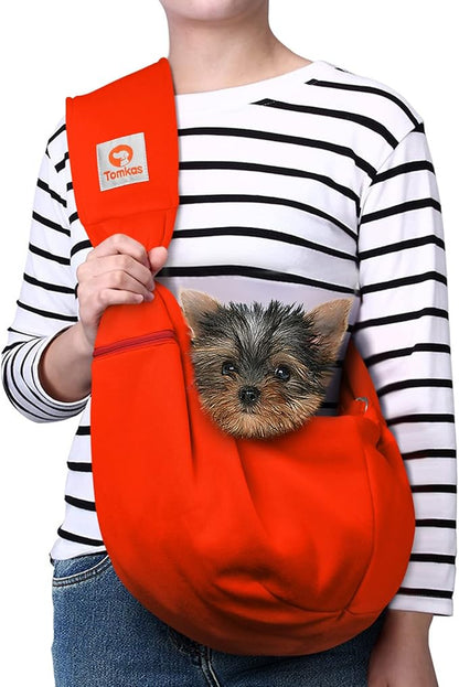 Tomkas Small Dog Sling Carrier - Zipper Pocket & Adjustable Strap & Zip Pocket - for 3-10 lbs Pets (Red)