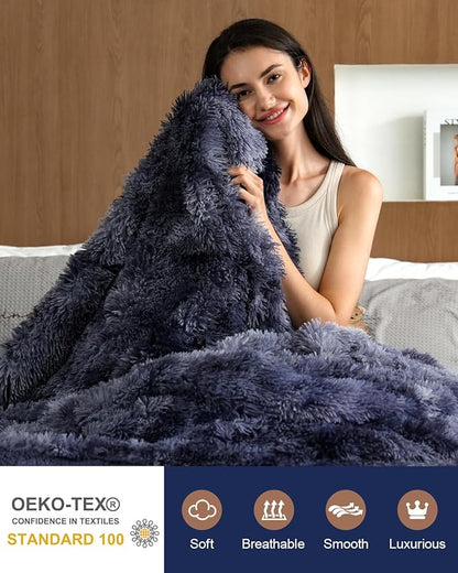 Pawque Faux Fur Sherpa Fleece Blanket Twin Size - Fluffy Warm Plush Blankets for Bed, Cozy Thick Lightweight Reversible Decor for Winter Sofa Couch, Tie-Dye Blue 60x80 inches
