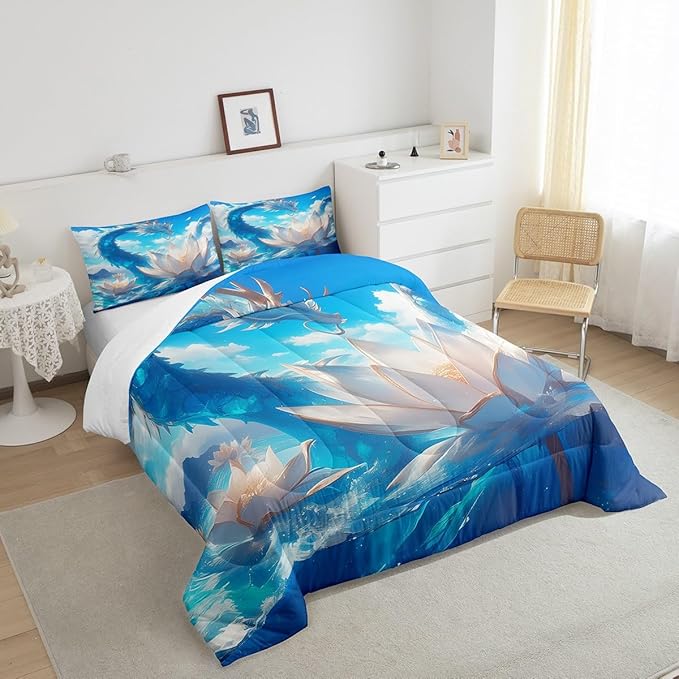 Erosebridal Dragon Bedding Set Full Blue Comforter Set, White Lotus Floral Duvet Insert Sea Ocean Quilt Comforter, Flower Blossoms Bedding Comforters & Sets 3D Cartoon Room Decoration Microfiber 3pcs