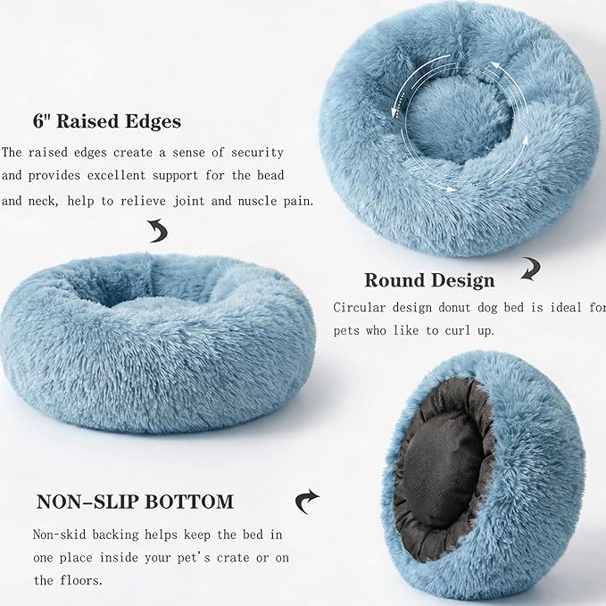 Calming Donut Dogs Beds for Small Dogs Washable,19inch Fluffy Round Puppy Bed for Puppies,Cats & Toy Breeds with Raised Rim,Fits up to 15 lbs Pets,Washed Blue