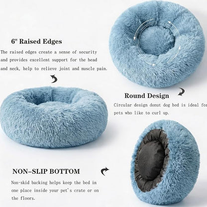 Calming Donut Dogs Beds for Small Dogs Washable,19inch Fluffy Round Puppy Bed for Puppies,Cats & Toy Breeds with Raised Rim,Fits up to 15 lbs Pets,Washed Blue