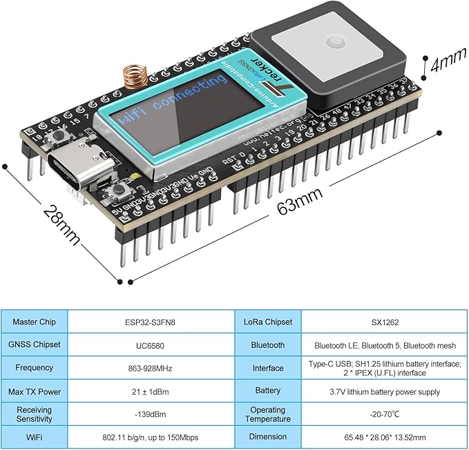 MakerFocus Wireless Tracker Supports GPS Galileo Multi-System Joint Positioning ESP32-S3 WiFi Bluetooth SX1262 UC6580 with 3000mAh Battery, 915MHz LoRa Antenna, 0.96-inch LCD Display for Meshtastic