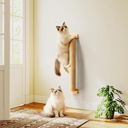 Cat Wall Scratcher Post- 24" Thicker Columns Wall Mounted Rubber Wood Sisal Scratching Post Furniture for Large Cats and Kittens