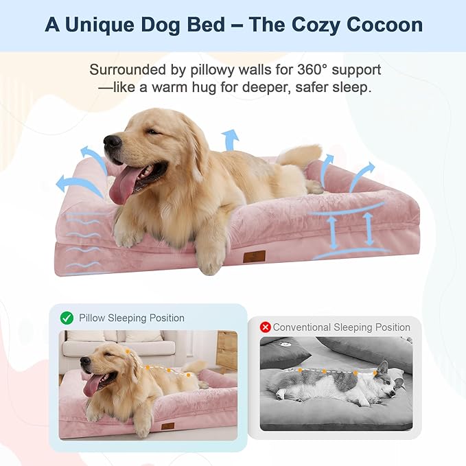 Jumbo Dog Bed for Extra Large Dogs, Washable Orthopedic Dog Bed with 4-Sides Removable Bolster, Waterproof Non-Slip Egg-Crate Foam Pet Couch Sofa, Pink