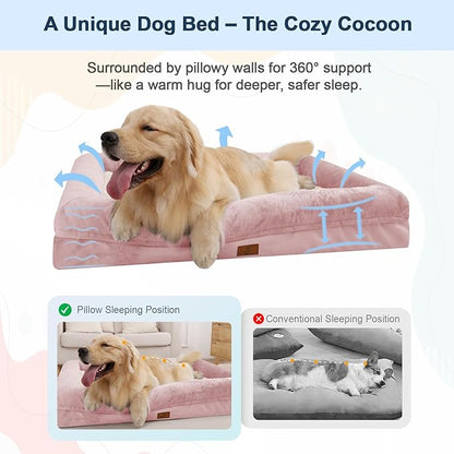 Large Orthopedic Dog Bed, Waterproof Dog Bed with Removable Cover, 4-Sides Removable Bolster Soft Pet Sofa with Egg Crate Foam Non-Slip Bottom, Pink