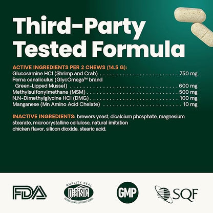VetriScience Healthy Hip & Joint Chewable Tablets, GlycoFlex Glucosamine and Green-Lipped Mussel Joint Support Supplement for Dogs, Promote Mobility and Protect Joints, Chicken, 120 Count