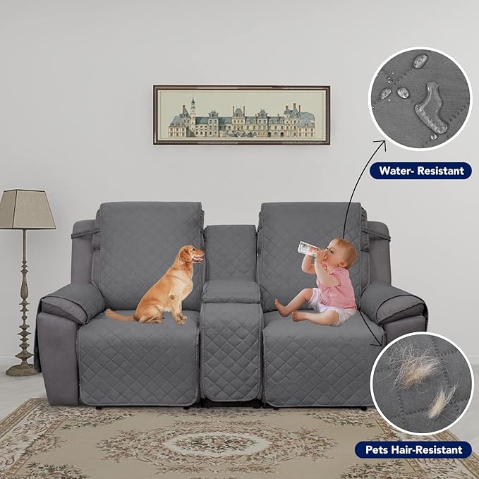 PureFit Water Resistant Reversible Loveseat Recliner Couch Cover for Double with Console – Non Slip Split Sofa Cover, Washable Reclining Cover for 2 Seat Recliner (2 Seat, Gray/Light Gray)