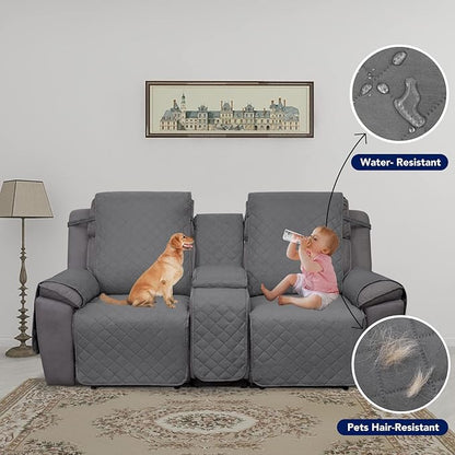 PureFit Water Resistant Reversible Loveseat Recliner Couch Cover for Double with Console – Non Slip Split Sofa Cover, Washable Reclining Cover for 2 Seat Recliner (2 Seat, Gray/Light Gray)