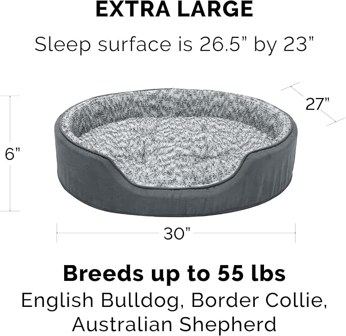 Furhaven Dog Bed for Large Dogs w/ Removable Washable Cover & Pillow Cushion Insert, For Dogs Up to 55 lbs - Two-Tone Faux Fur & Suede Oval Lounger - Gray, XL/Extra Large