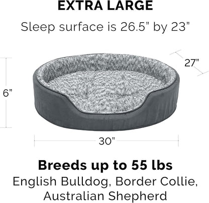 Furhaven Dog Bed for Large Dogs w/ Removable Washable Cover & Pillow Cushion Insert, For Dogs Up to 55 lbs - Two-Tone Faux Fur & Suede Oval Lounger - Gray, XL/Extra Large