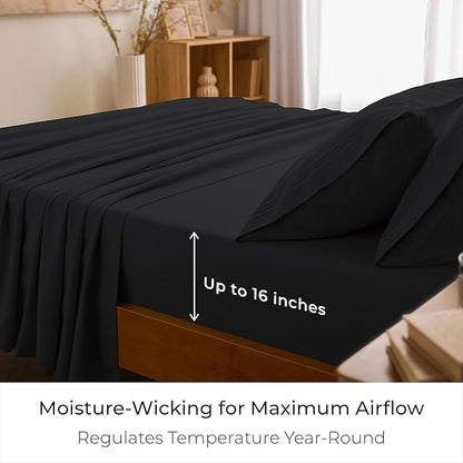 Mellanni Twin XL Sheet Set - 4-Piece Iconic Collection Bedding, (Including 2 Pillowcases), 16-Inch Deep Pocket, Easy Care, Extra Soft, Cooling Sheets, Brushed Microfiber - Black