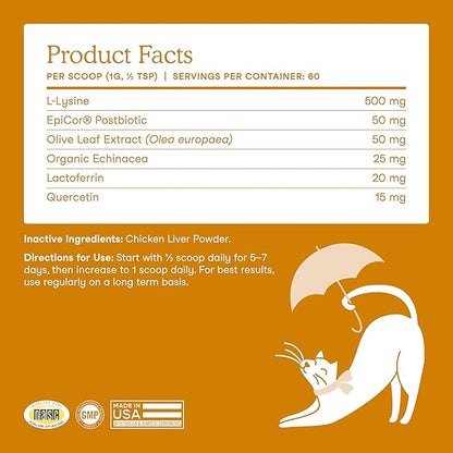 Fera Pets Lysine Powder for Cats - Immune Support Supplement with Quercetin & Postbiotics - Promotes Respiratory Health & Normal Inflammatory Response - Helps Maintain Normal Eye Health - 60 Scoops
