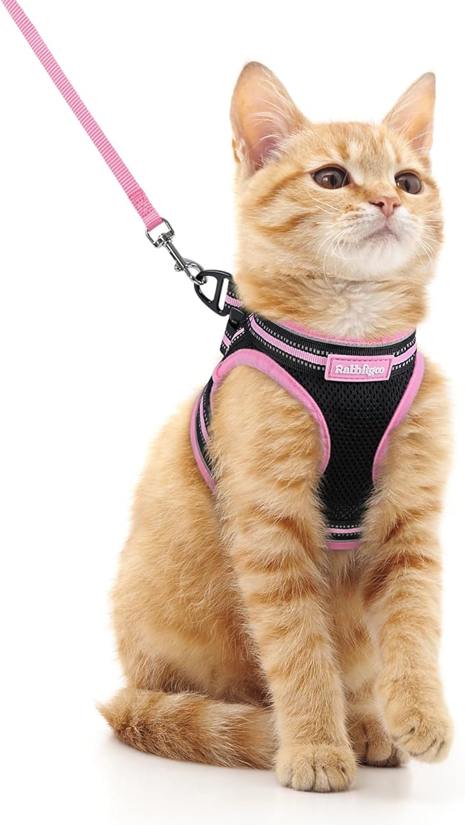 rabbitgoo Cat Harness and Leash Set for Walking Escape Proof, Adjustable Soft Kittens Vest with Reflective Strip for Cats, Comfortable Outdoor Vest, Black & Pink, M